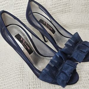 Nina Womens Ladies Dress Heels Shoes Size 6 Blue Satin Pleated Open Toe Mesh